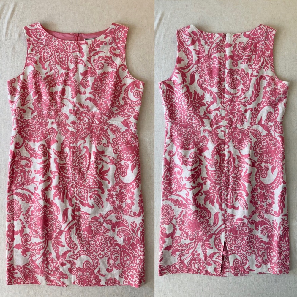 Willow Glenn Preppy Sheath Dress Large Pink White Linen Floral Damask Sleeveless